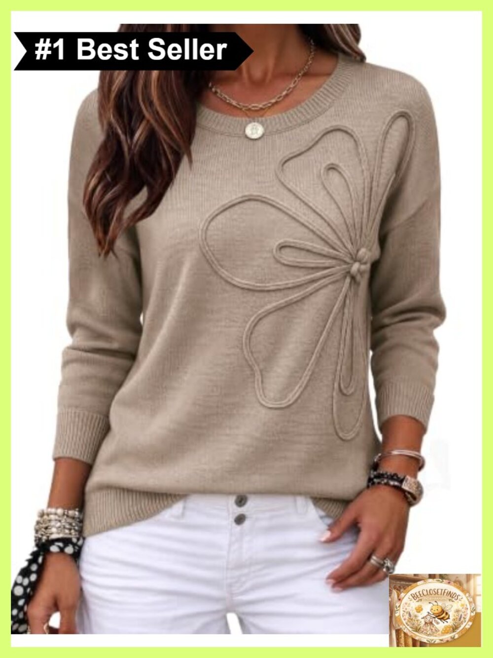 3D Floral Applique Crewneck Long Sleeve Pullover Sweater